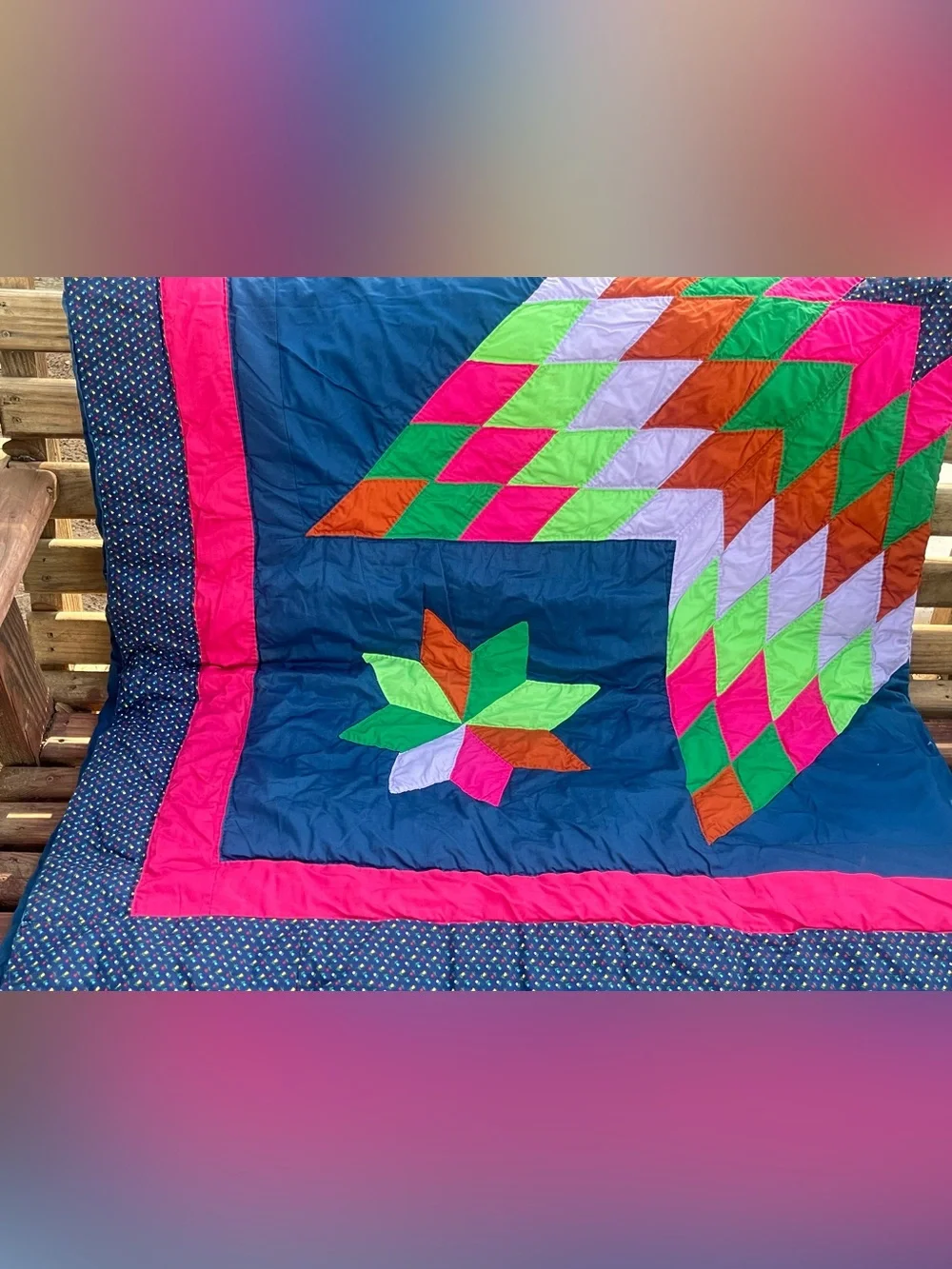 Lone Star quilt w/2 ruffled pillow cases - hand crafted, machine sewn